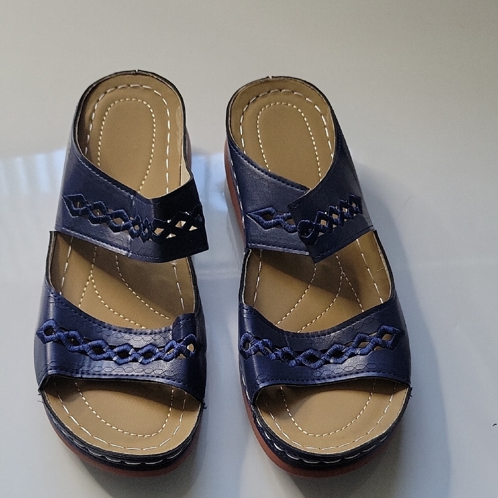 Blue Leather Slide Sandals with Braided Straps